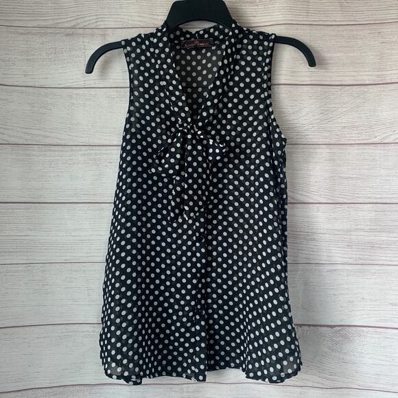 Almost Famous Black with White Polka Dot Sheer Sleeveless Blouse Tie Neck Size S - Picture 1 of 11